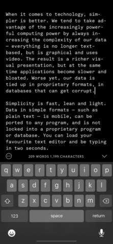 Screenshot of Simpletext on iPhone (iOS) with monospaced font in Dark Mode