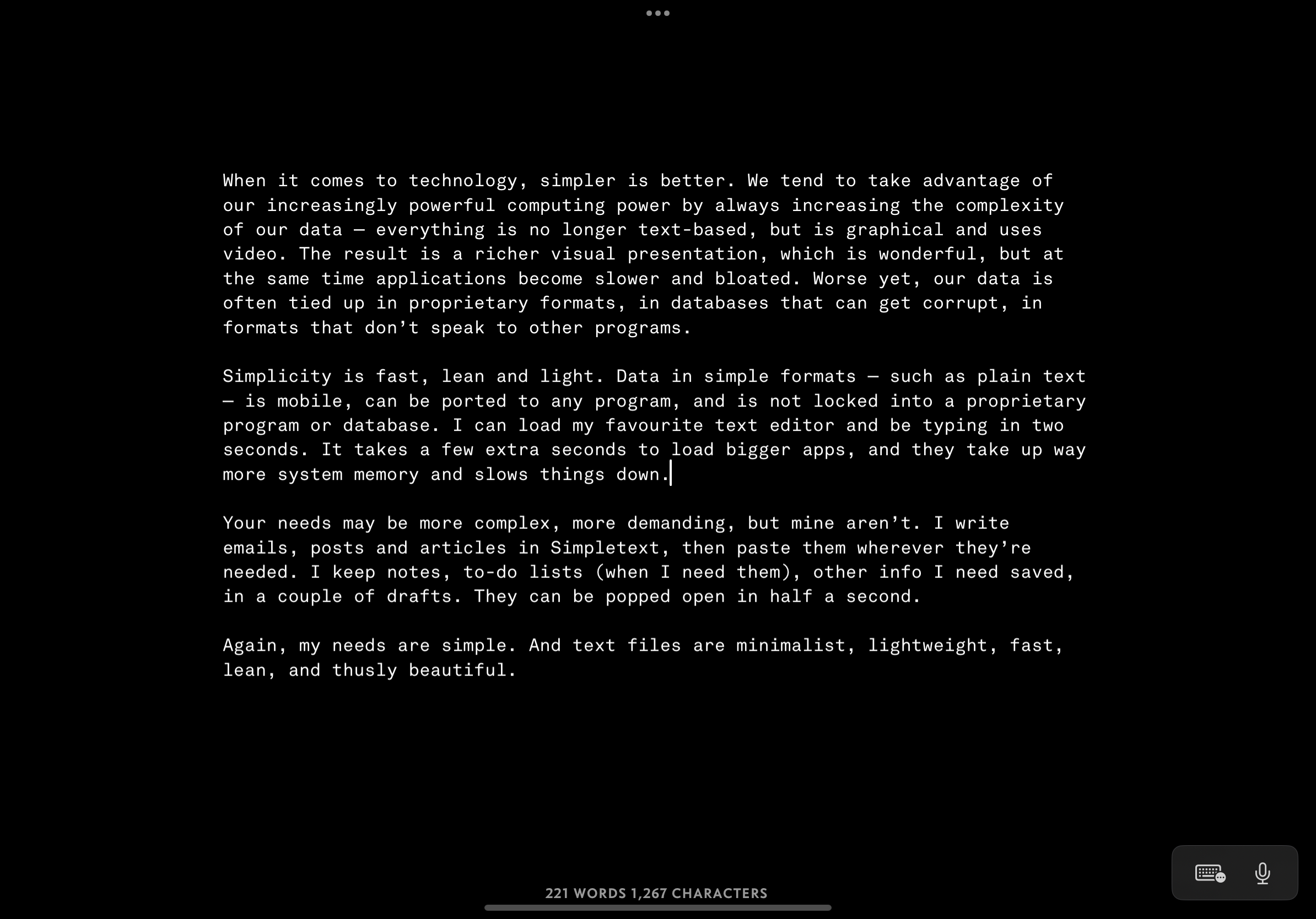 Screenshot of Simpletext on iPad (iOS) with monospaced font in Dark Mode