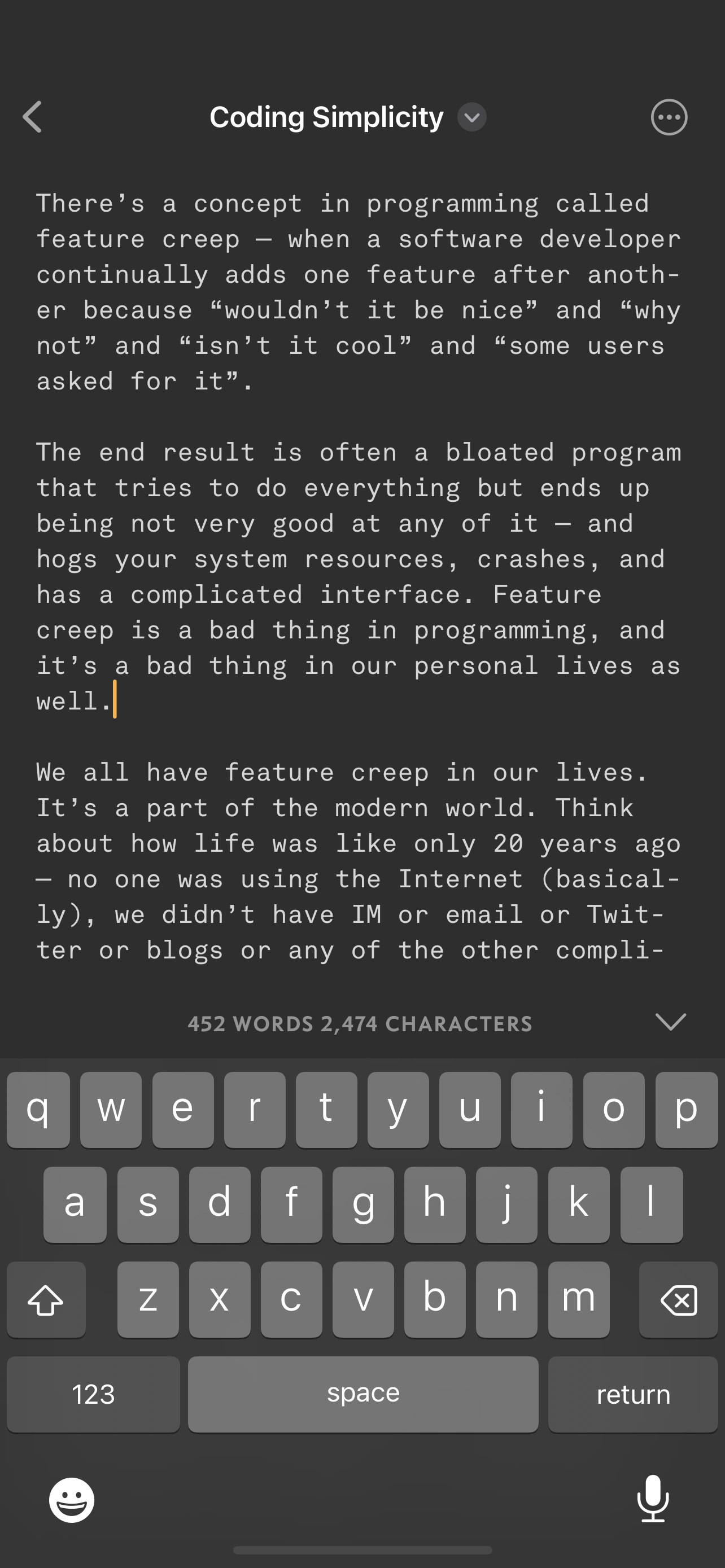 Screenshot of Simpletext on iPhone (iOS) with monospaced font in custom theme