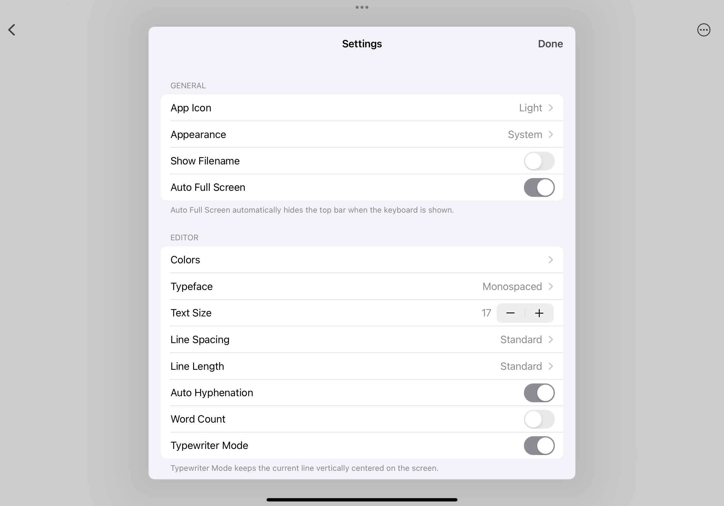 Screenshot of Simpletext’s preferences screen on iPad (iOS)